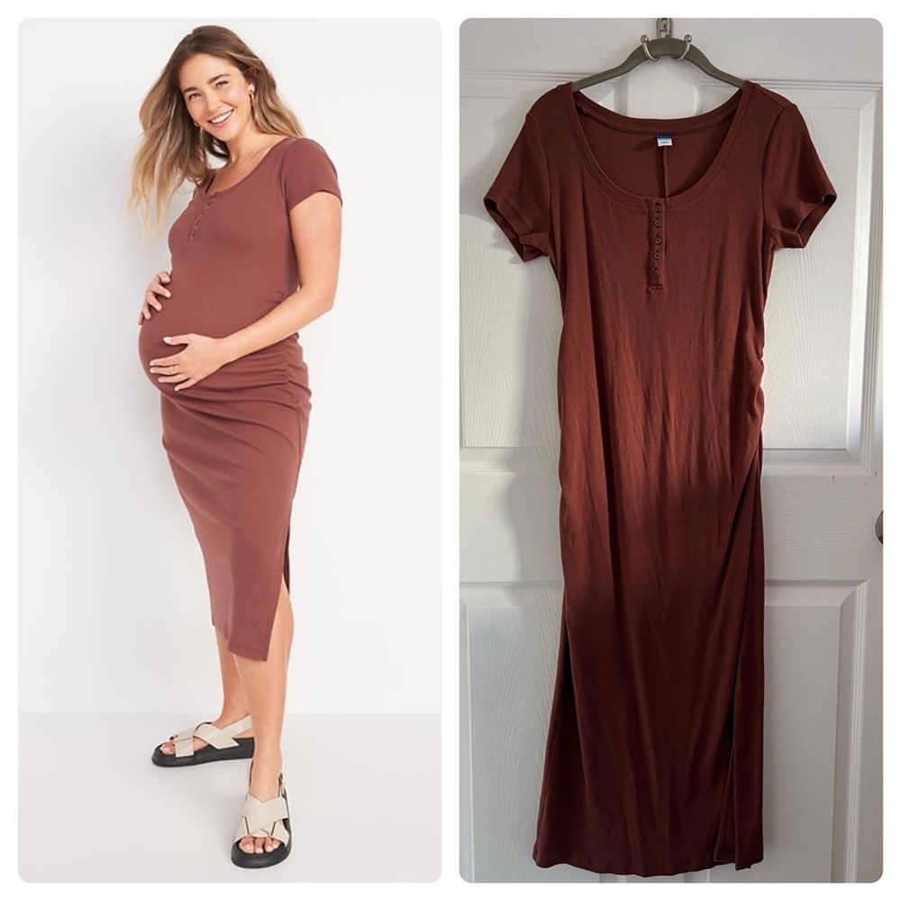 OLD NAVY Maternity Short-Sleeve Rib-Knit Henley Bodycon Dress in rust